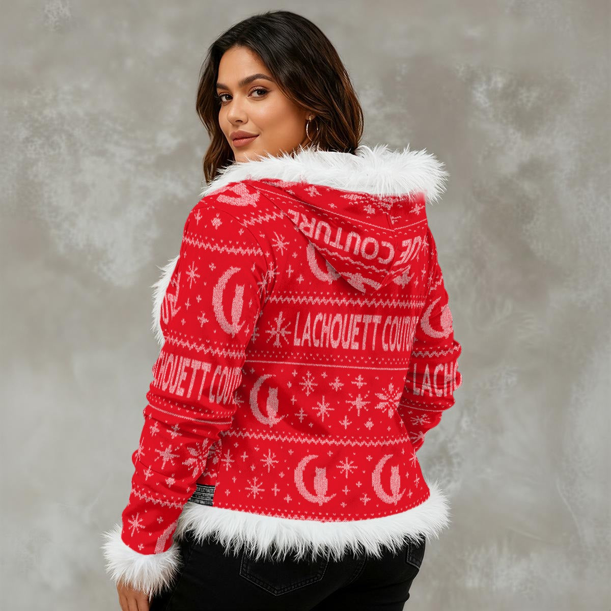 UGLY XMAS RED Women's Faux Fur Trim Hooded Jacket | Velvet