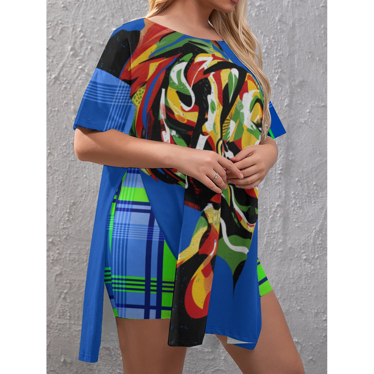 MADRAS BLUE CHWITY Women's Drop-Shoulder T-Shirt with Side Split and Shorts (Plus Size)
