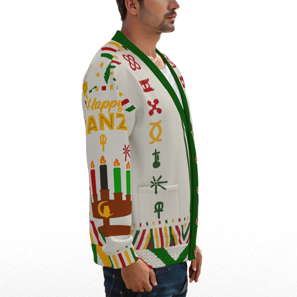 HAPPY KWANZAA WHT Unisex V-neck Knitted Fleece Cardigan With Button Closure