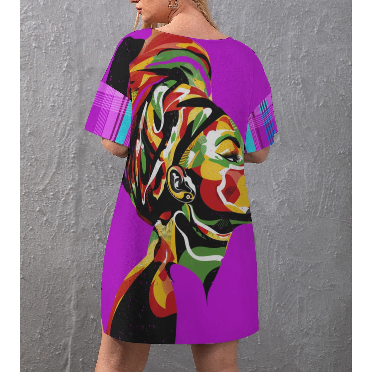 MADRAS VIOLET CHWITY Women's Drop-Shoulder T-Shirt with Side Split and Shorts (Plus Size)