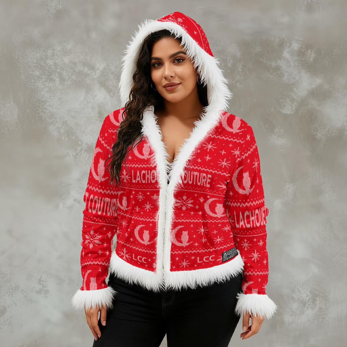 UGLY XMAS RED Women's Faux Fur Trim Hooded Jacket | Velvet