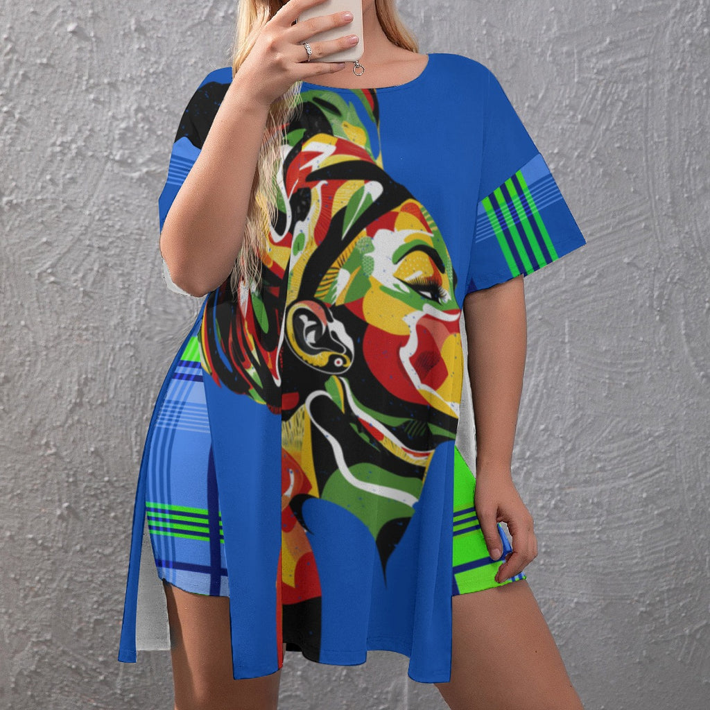 MADRAS BLUE CHWITY Women's Drop-Shoulder T-Shirt with Side Split and Shorts (Plus Size)