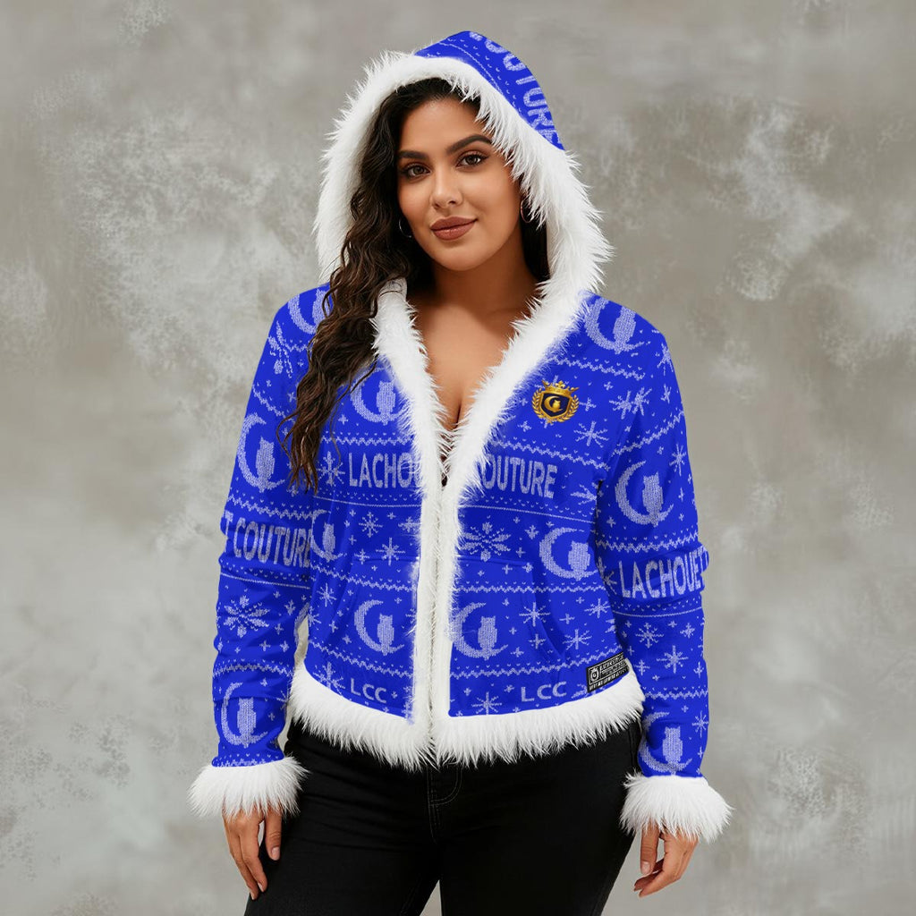 UGLY XMAS BLUE Women's Faux Fur Hooded Jacket | Velvet