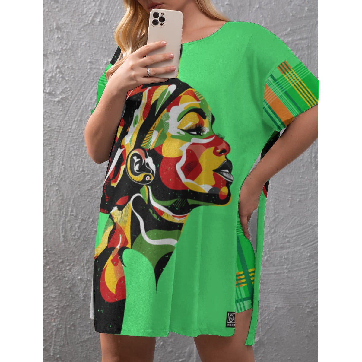 MADRAS GREEN CHWITY Women's Drop-Shoulder T-Shirt with Side Split and Shorts (Plus Size)