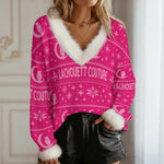 UGLY XMAS PINK Women's Faux Knit V-Neck Sweater