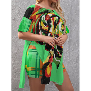 MADRAS GREEN CHWITY Women's Drop-Shoulder T-Shirt with Side Split and Shorts (Plus Size)