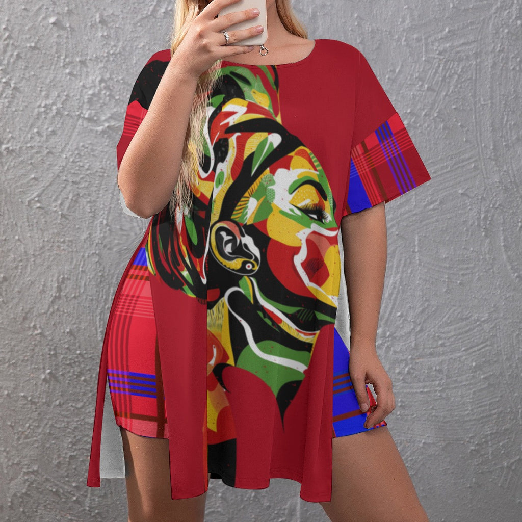MADRAS RED CHWITY Women's Drop-Shoulder T-Shirt with Side Split and Shorts (Plus Size)