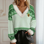 LCC KNITTED GRREN Women's Faux Knit V-Neck Sweater