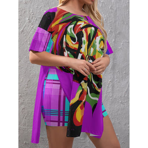 MADRAS VIOLET CHWITY Women's Drop-Shoulder T-Shirt with Side Split and Shorts (Plus Size)