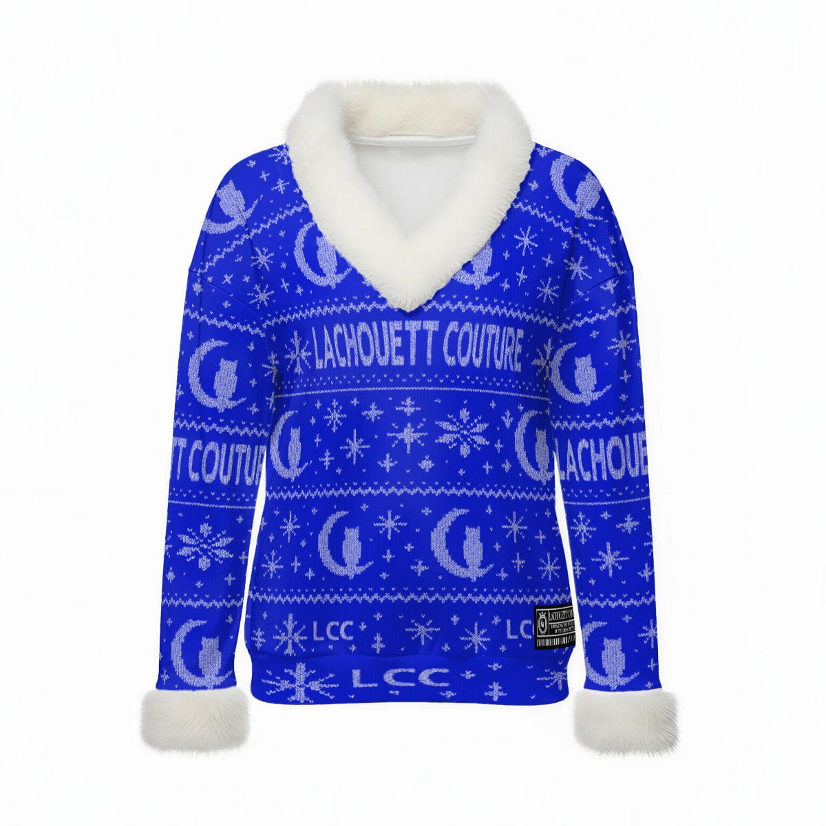 UGLY XMAS BLUE Women's Faux Knit V-Neck Sweater