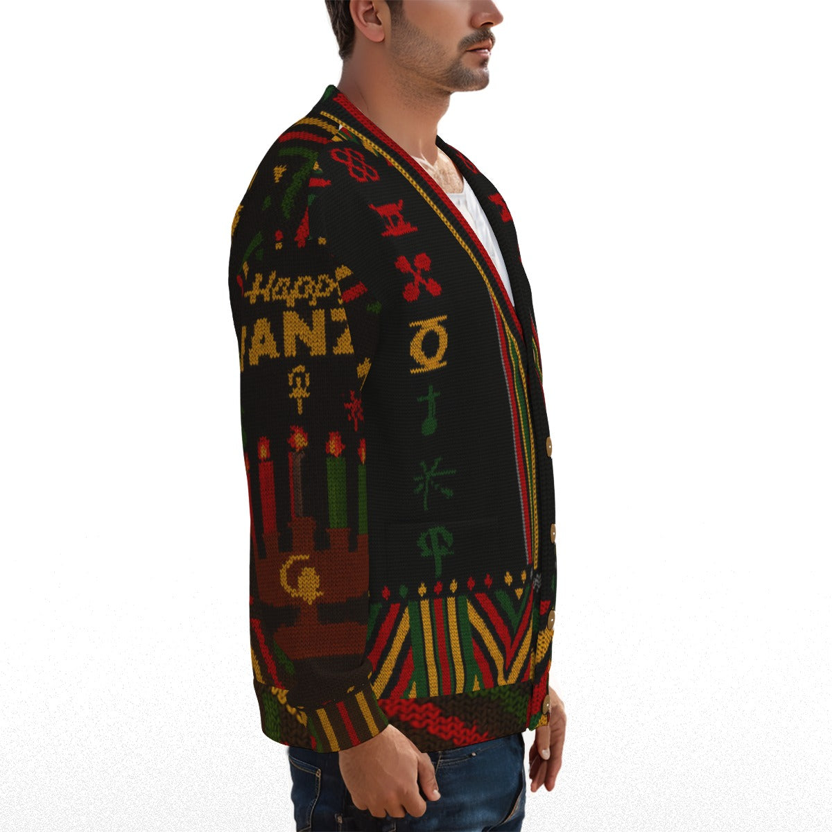 HAPPY KWANZAA BLC Unisex V-neck Knitted Fleece Cardigan With Button Closure