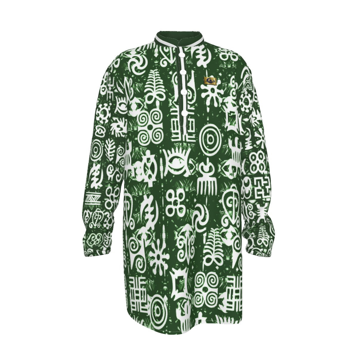 ADINKRA MX GREEN Men's Stand-up Collar Long Shirt