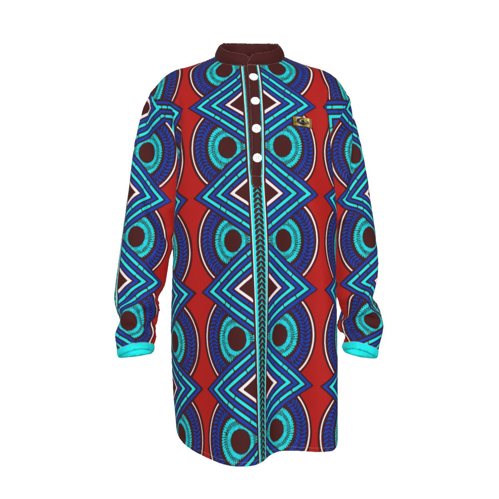 KAMA PATTERN RED Men's Stand-up Collar Long Shirt