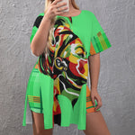 MADRAS GREEN CHWITY Women's Drop-Shoulder T-Shirt with Side Split and Shorts (Plus Size)