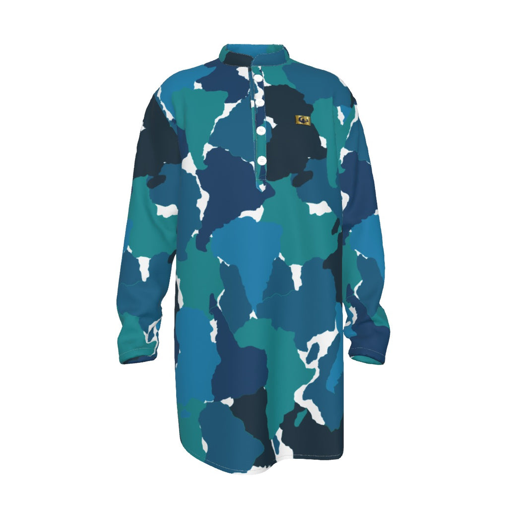 DIASPORA CAMO BLUE Men's Stand-up Collar Long Shirt
