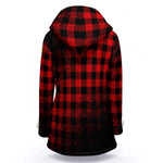 DUSTY PLAID RED Women's Hooded Double-Breasted Winter Coat