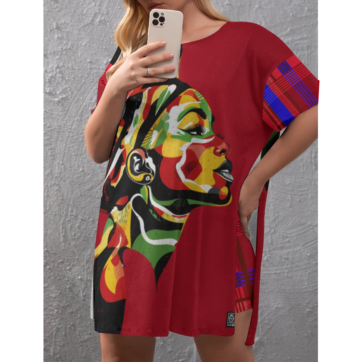 MADRAS RED CHWITY Women's Drop-Shoulder T-Shirt with Side Split and Shorts (Plus Size)