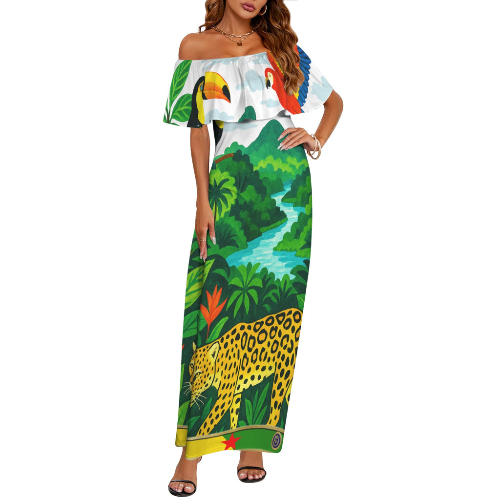 GUYANE AMAZONIE Off Shoulder Ruffle Boat Neck Dress