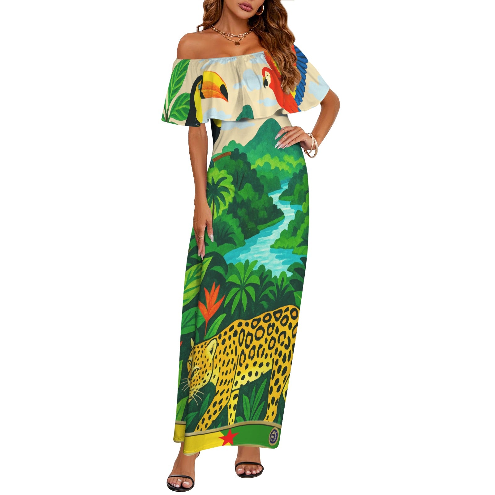 GUYANE AMAZONIE Off Shoulder Ruffle Boat Neck Dress