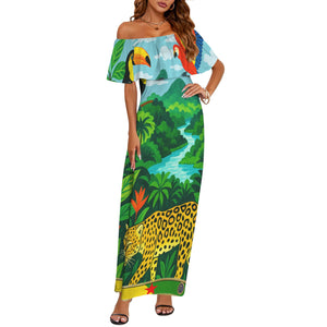 GUYANE AMAZONIE Off Shoulder Ruffle Boat Neck Dress