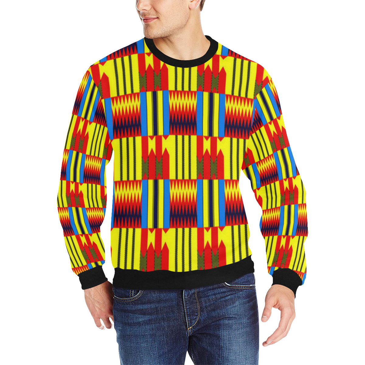 KENTE BLUE Men's Rib Cuff Crew Neck Sweatshirt