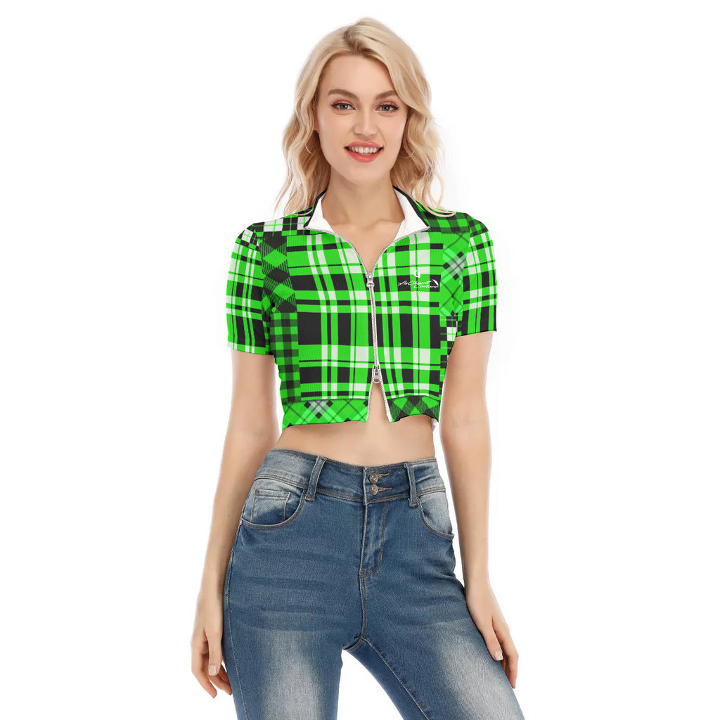 FLEXIN PLAID FLUO Women's Short Sleeve T-shirt With Zipper