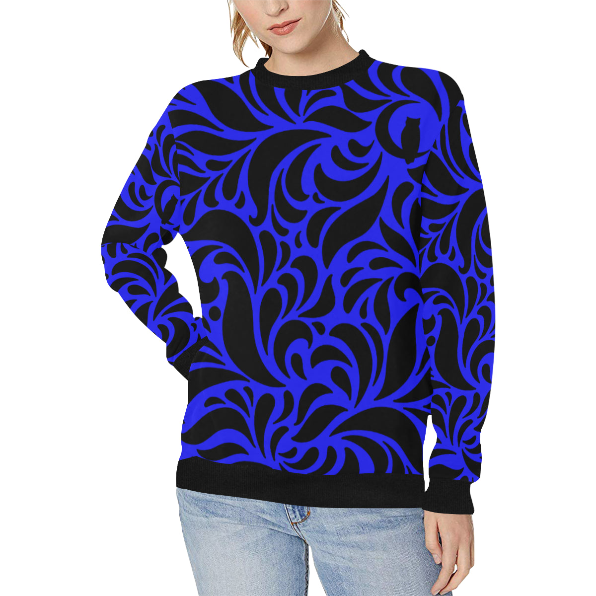 GORGIOUS LEAF BLUE Women's Rib Cuff Crew Neck Sweatshirt (Model H34)