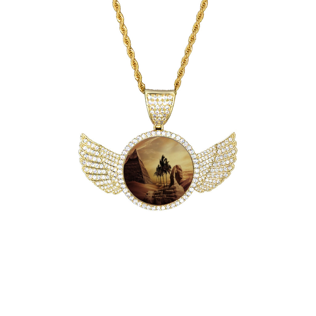 ANCIENT KEMET Wings Gold Photo Pendant with Rope Chain