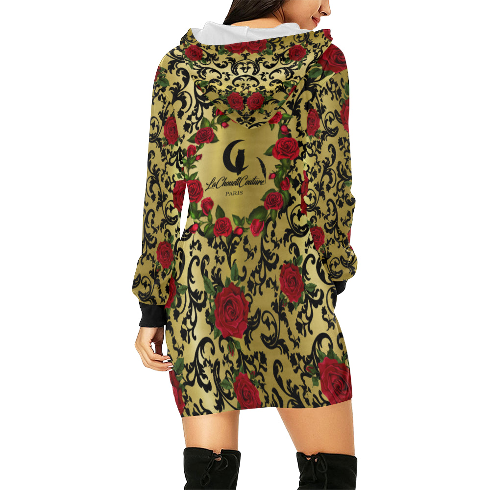 RED ROSES GOLD All Over Print Hoodie Mini Dress