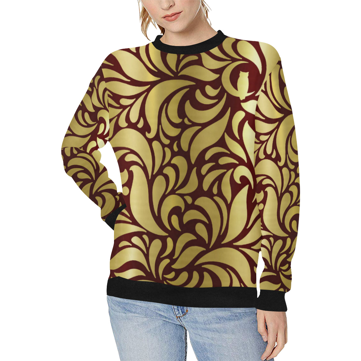 GORGIOUS LEAF BRDX Women's Rib Cuff Crew Neck Sweatshirt (Model H34)