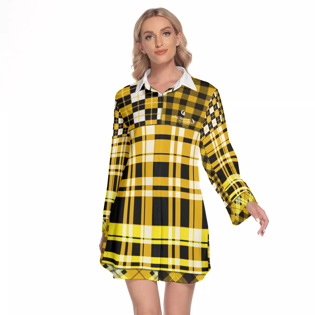 FLEXIN PLAID YLW Women's Lapel Shirt Dress With Long Sleeve
