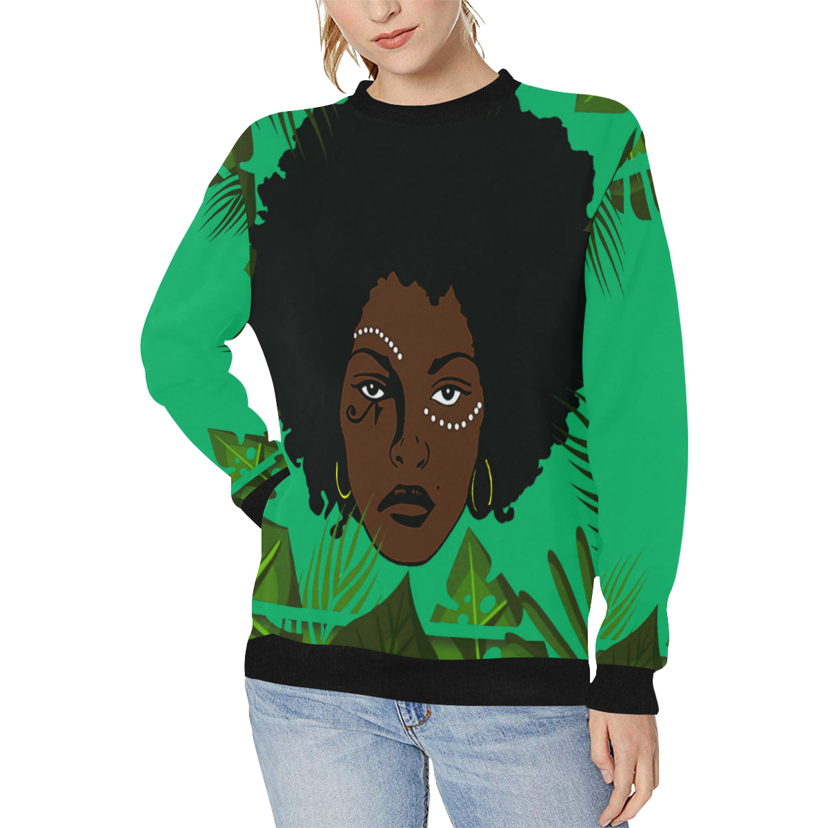 TROPICAL KWEEN FOREST Women's Rib Cuff Crew Neck Sweatshirt