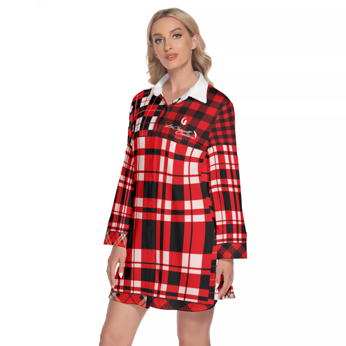 FLEXIN PLAID RED Women's Lapel Shirt Dress With Long Sleeve