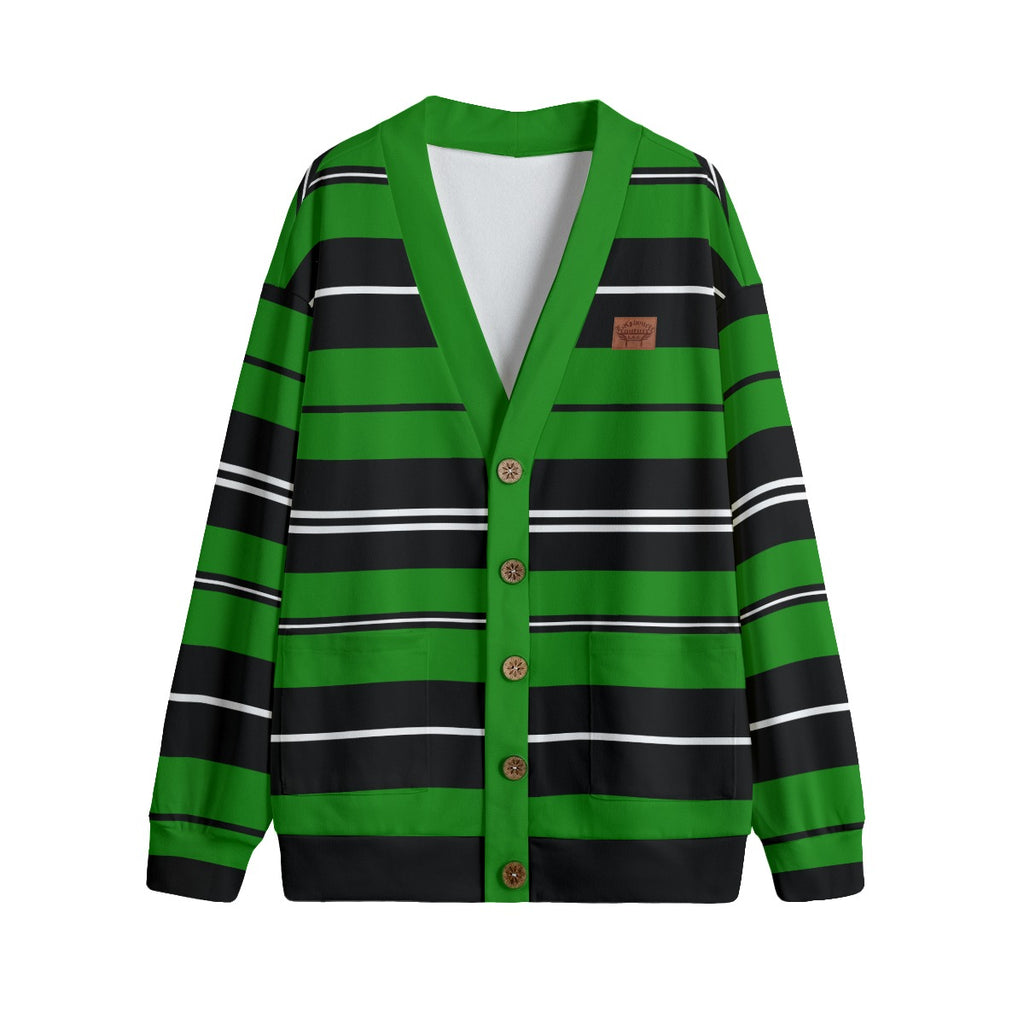 STRIPE UP GREEN Unisex V-neck Cardigan With Button Closure