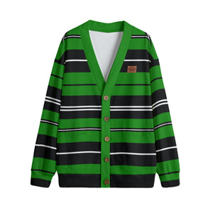 STRIPE UP GREEN Unisex V-neck Cardigan With Button Closure