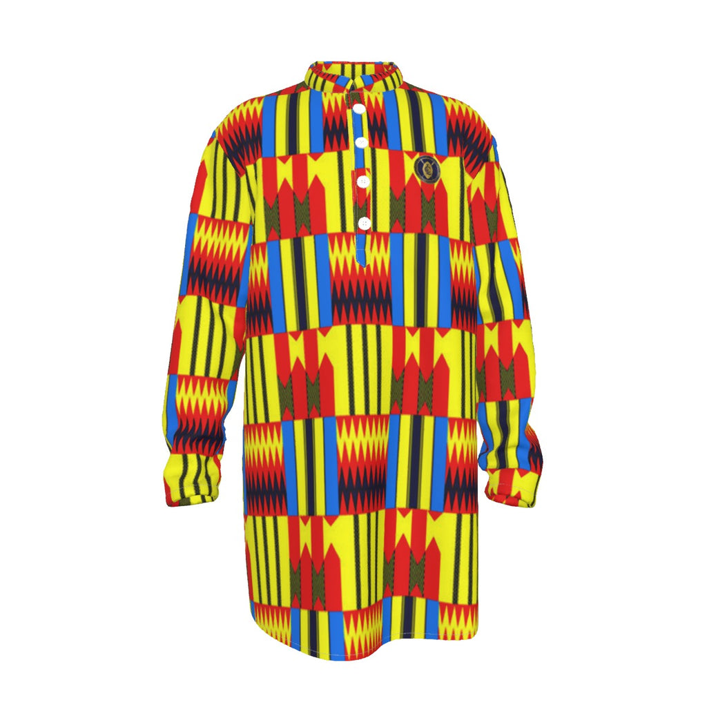 KENTE BLUE Men's Stand-up Collar Long Shirt