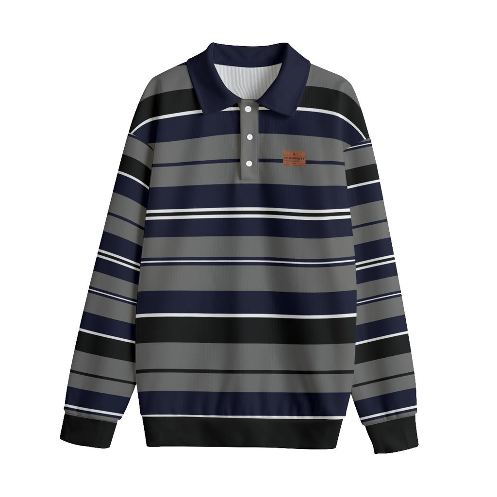 STRIPE UP NAVY GREY Unisex Lapel Collar Sweater