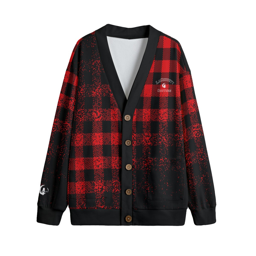 DUSTY PLAID RED Unisex V-neck Cardigan With Button Closure