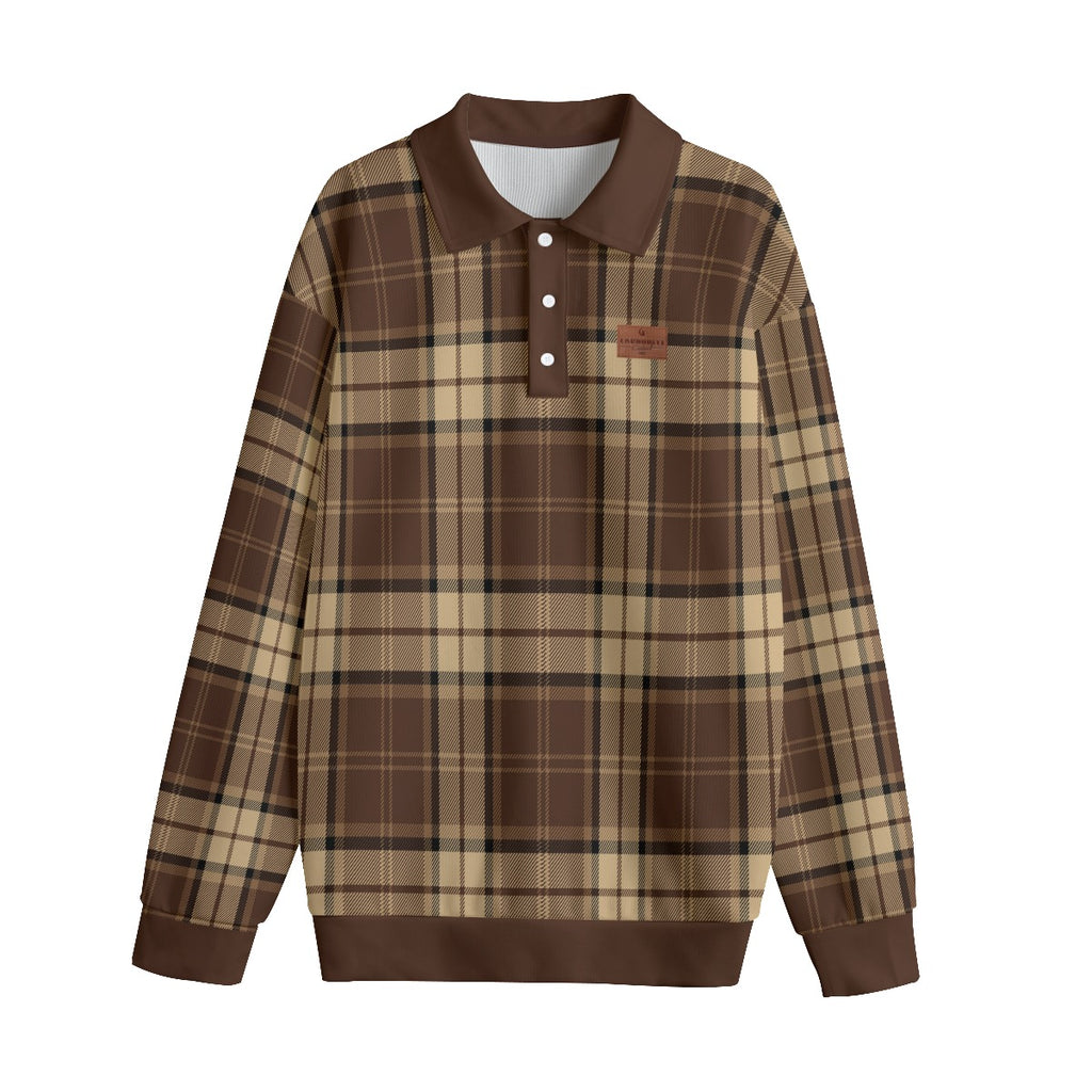 PLAID STYLE BROWN Unisex Lapel Collar Sweater