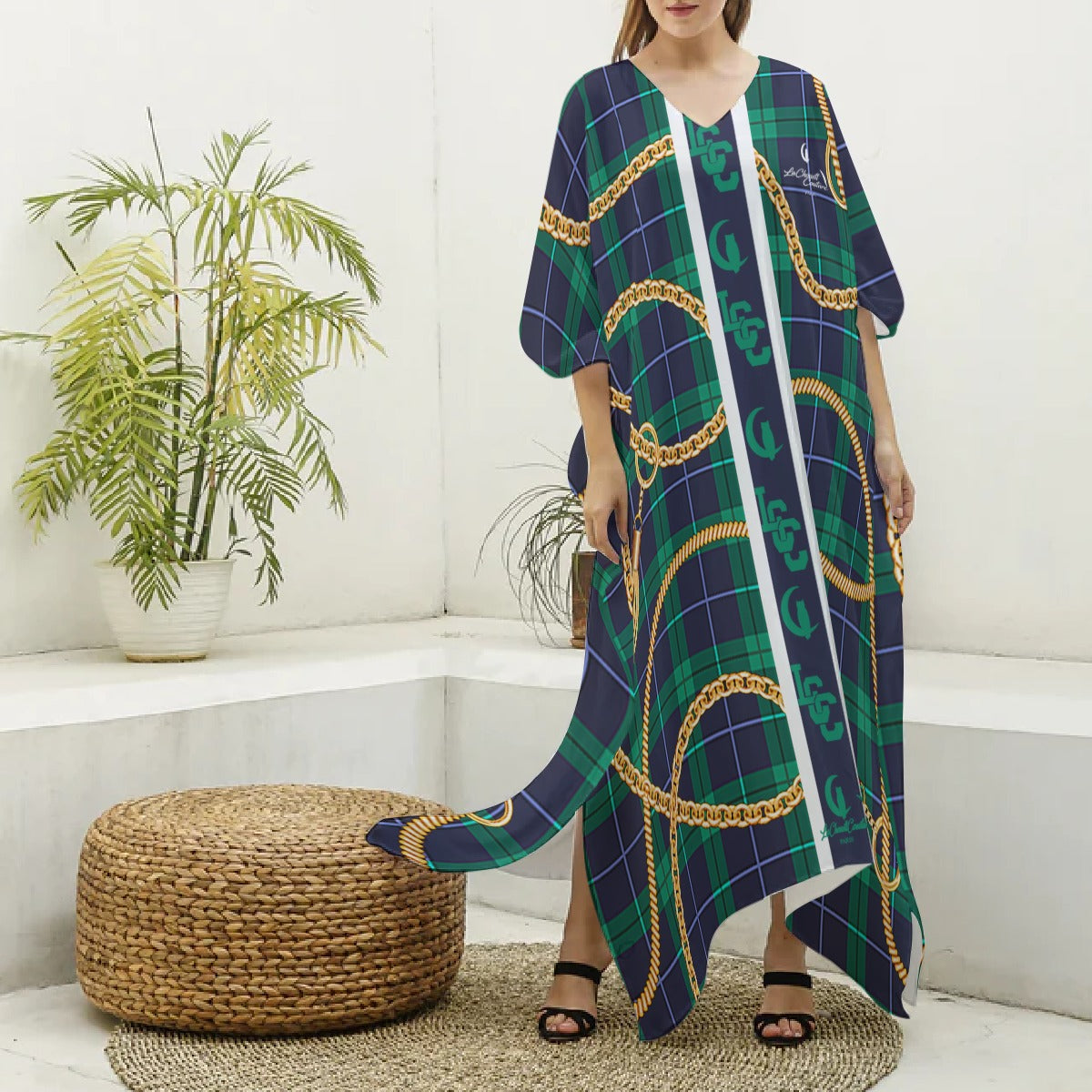 PLAID IN GOLD Women's Imitation Silk V-neck Kaftan Robe