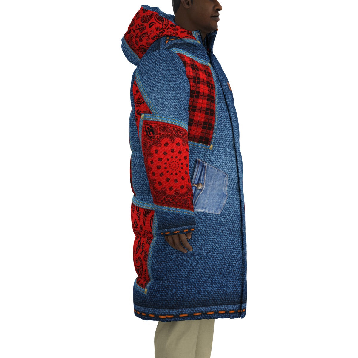 DENIM RED Unisex Long Down Jacket