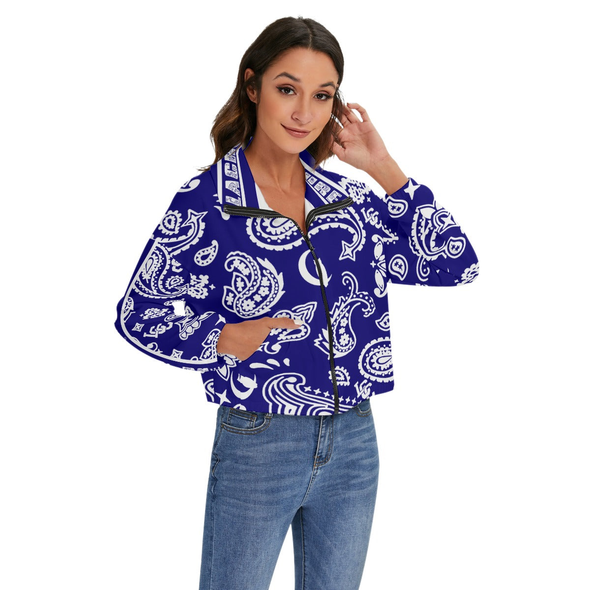 BANDANA PAISLEY NAVY Women's Stand Collard Jacket