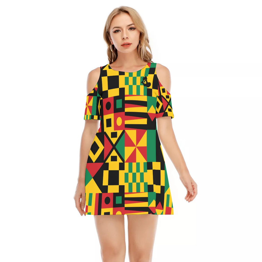 KENTE BUTAN Women's Cold Shoulder O-neck Dress | Cotton