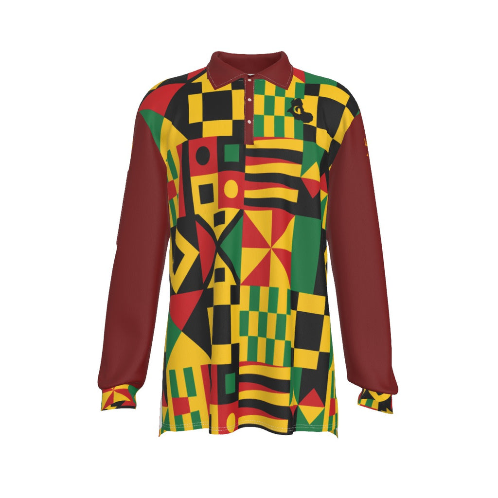 KENTE BUTAN RED Men's Long Sleeve Polo Shirt