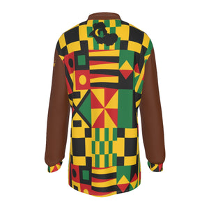 KENTE BUTAN BROWN Men's Long Sleeve Polo Shirt