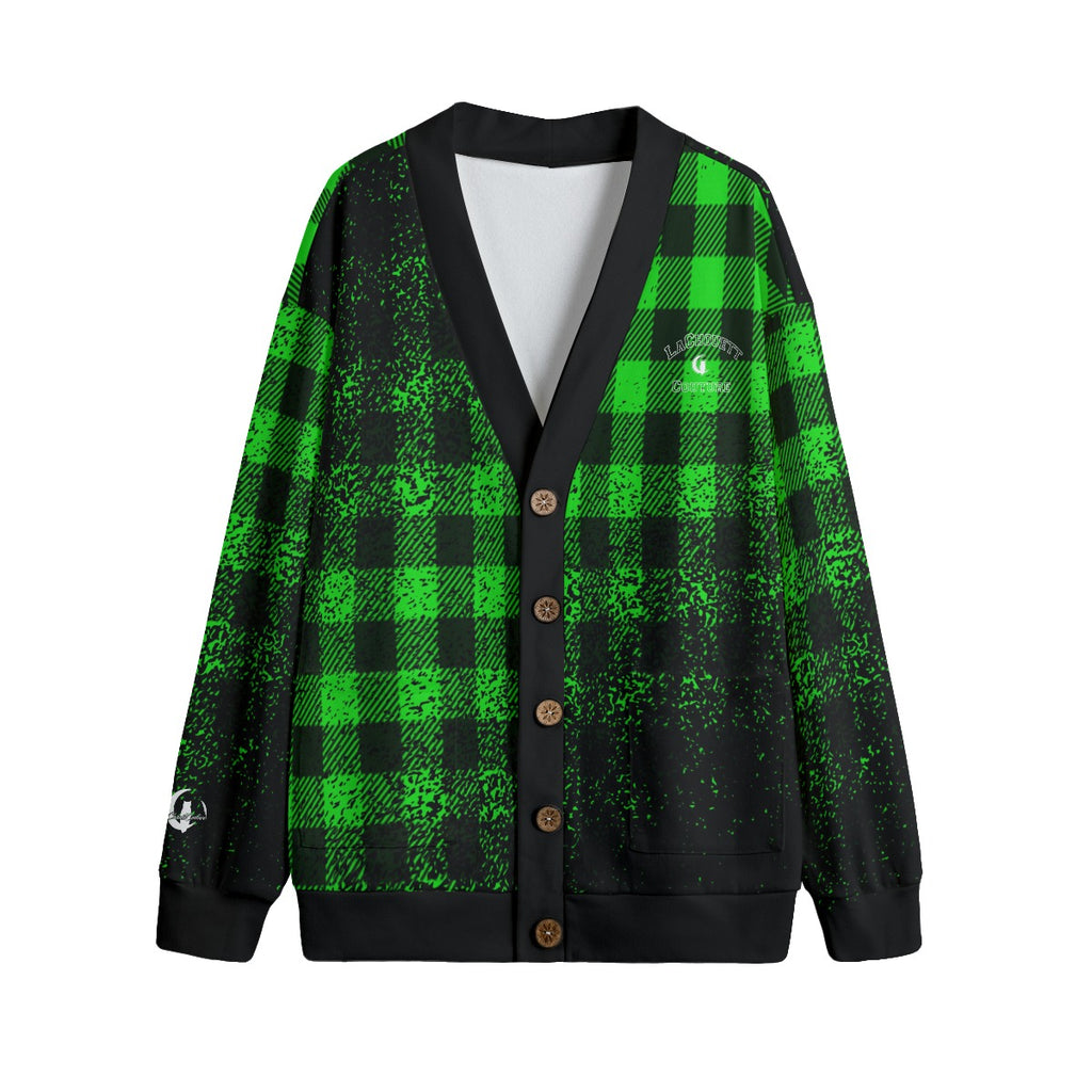 DUSTY PLAID GREEN Unisex V-neck Cardigan With Button Closure