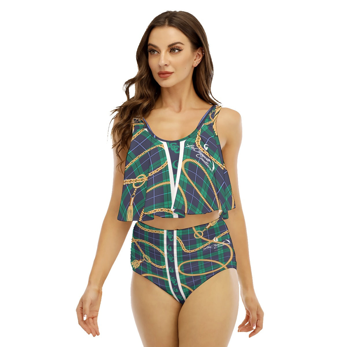 PLAID IN GOLD Women's Ruffled Vest Bikini Swimsuit