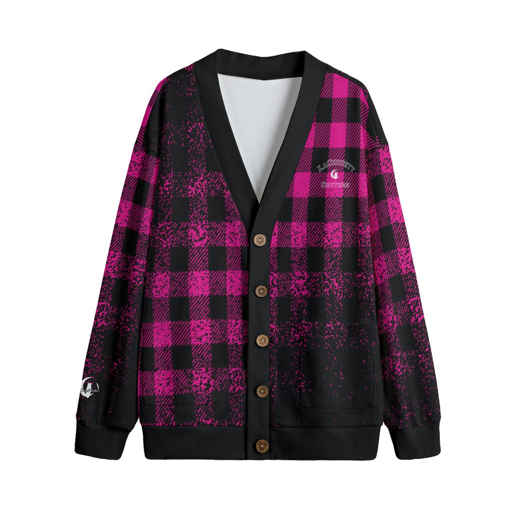 DUSTY PLAID GRAPE Unisex V-neck Cardigan With Button Closure