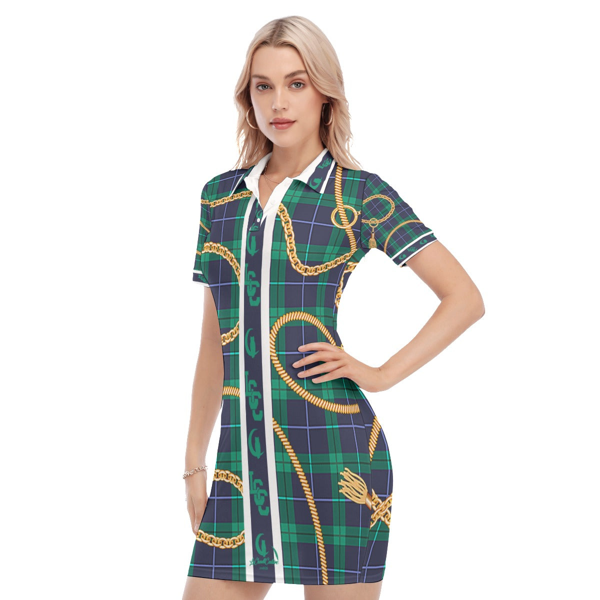 PLAID IN GOLD Women's Polo Collar Dress