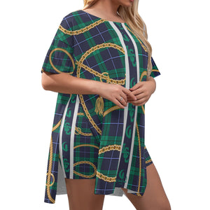 PLAID IN GOLD Women's Drop-Shoulder T-Shirt with Side Split and Shorts